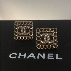 Authentic Chanel Vintage Gold-Pearl Buttons Repurposed CC Logo Chain Earrings